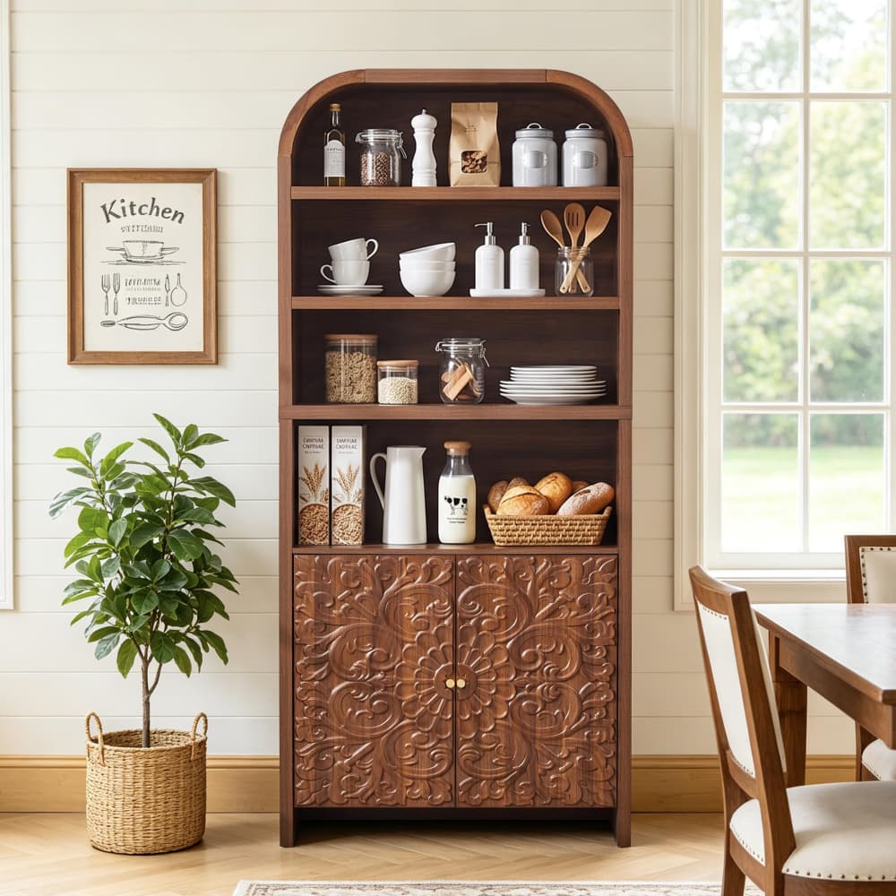 Walnut 70" Tall Arched 6-Tier Bookcase with Floral Doors and Tip-Over Kit Included