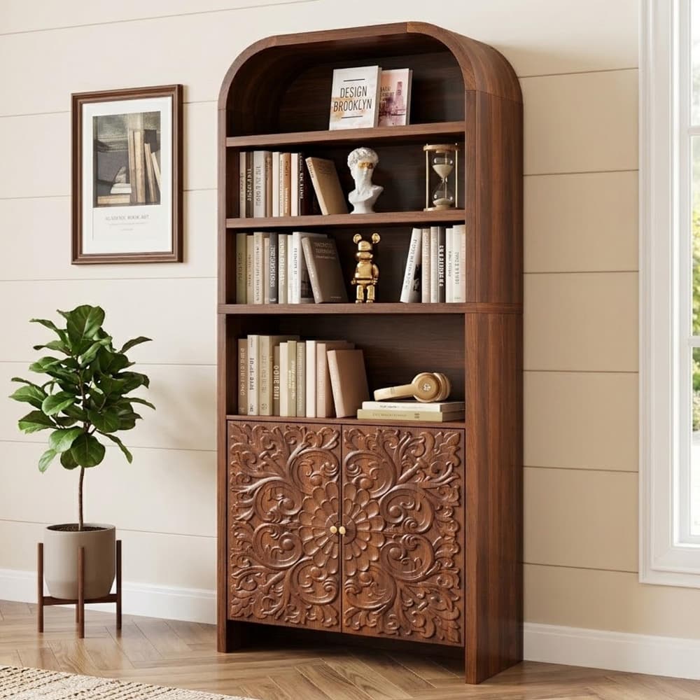 Walnut 70" Tall Arched 6-Tier Bookcase with Floral Doors and Tip-Over Kit Included