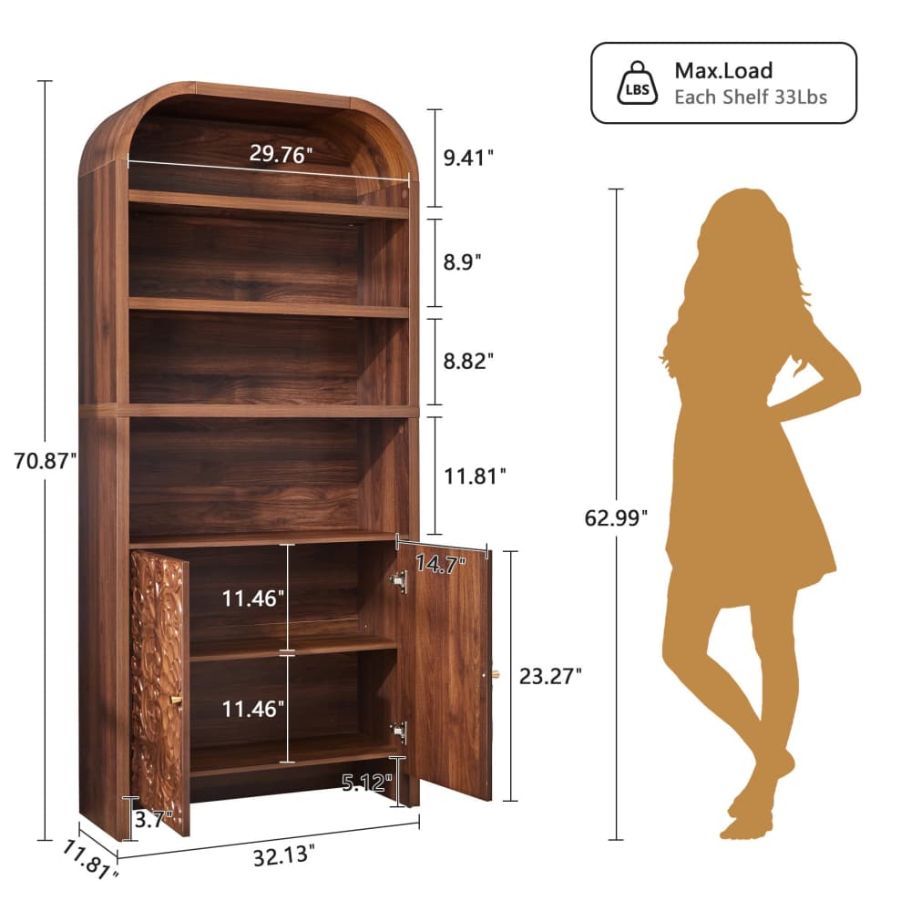 Walnut 70" Tall Arched 6-Tier Bookcase with Floral Doors and Tip-Over Kit Included Size