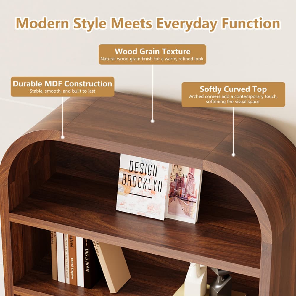 Walnut 70" Tall Arched 6-Tier Bookcase with Floral Doors and Tip-Over Kit Included