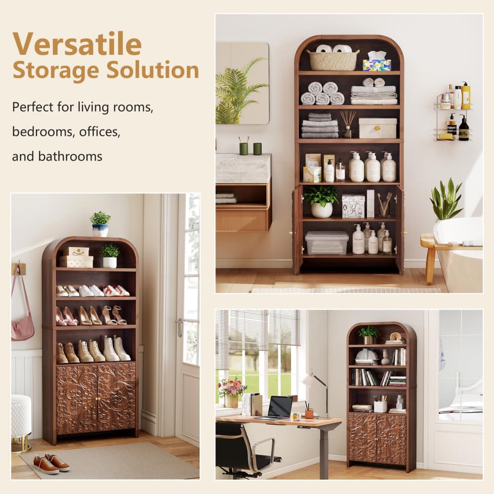 Walnut 70" Tall Arched 6-Tier Bookcase with Floral Doors and Tip-Over Kit Included
