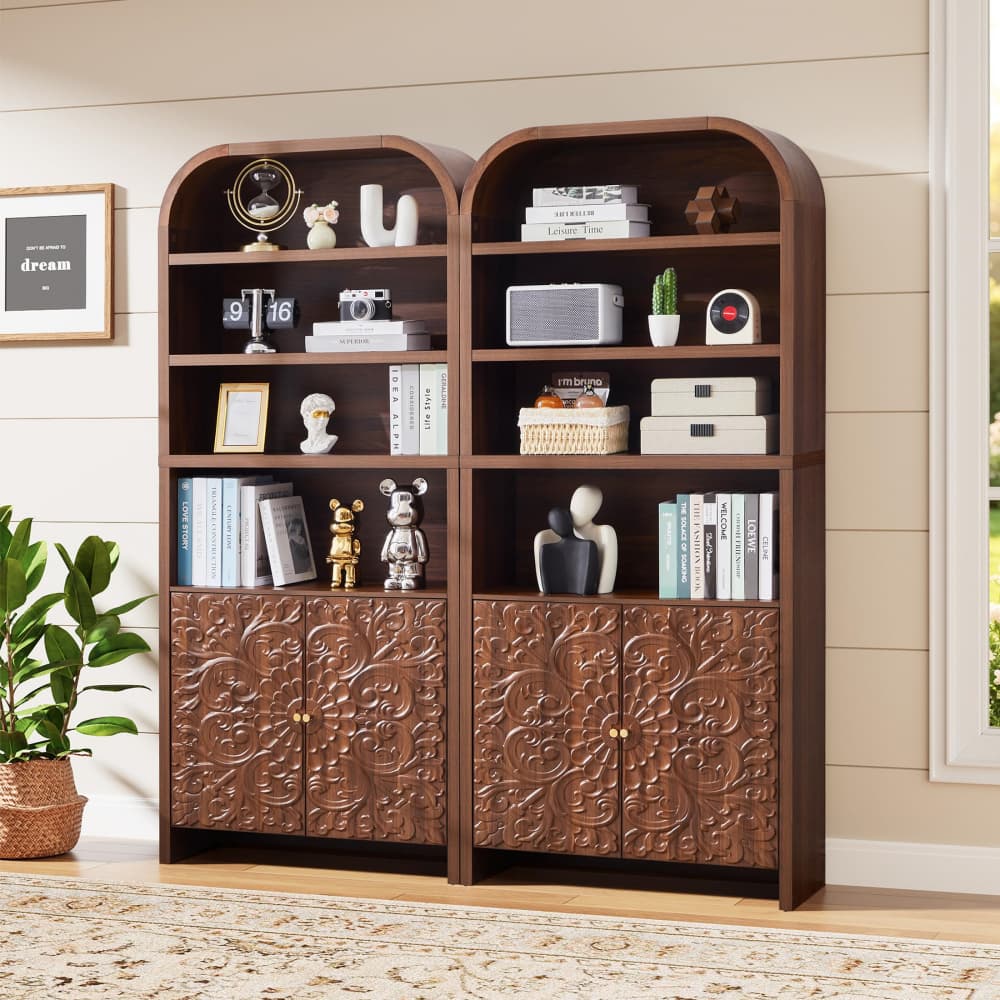 Walnut 70" Tall Arched 6-Tier Bookcase with Floral Doors and Tip-Over Kit Included