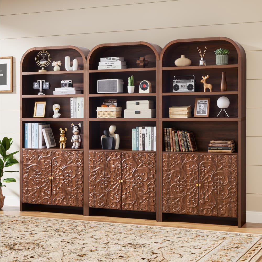 Walnut 70" Tall Arched 6-Tier Bookcase with Floral Doors and Tip-Over Kit Included