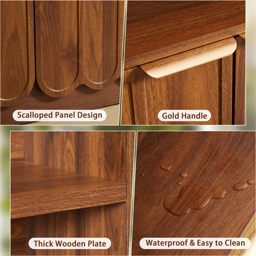 Wooden cabinet with scalloped panel design, gold handle, thick wooden plate, and waterproof finish.