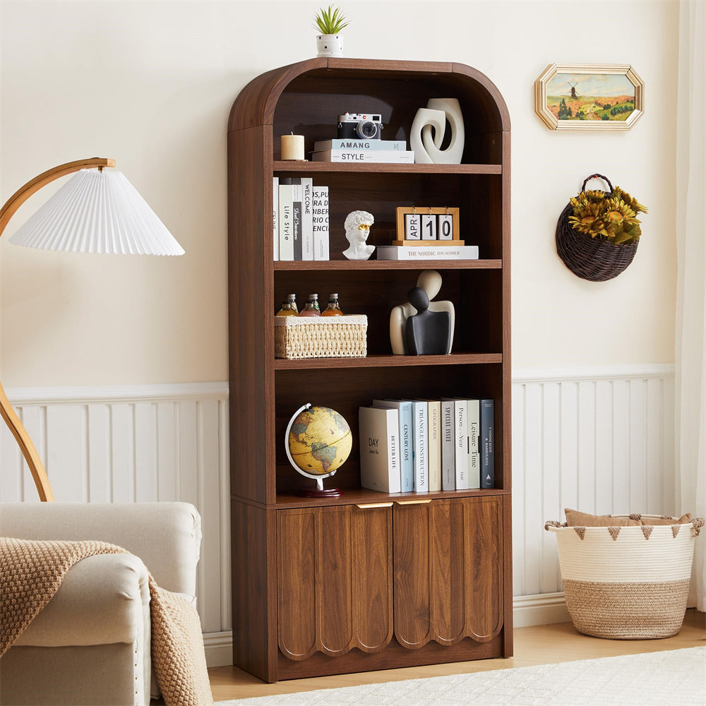 Walnut 70" Tall Modern 4-Tier Arched Bookshelf with Scalloped Doors & Gold Handles