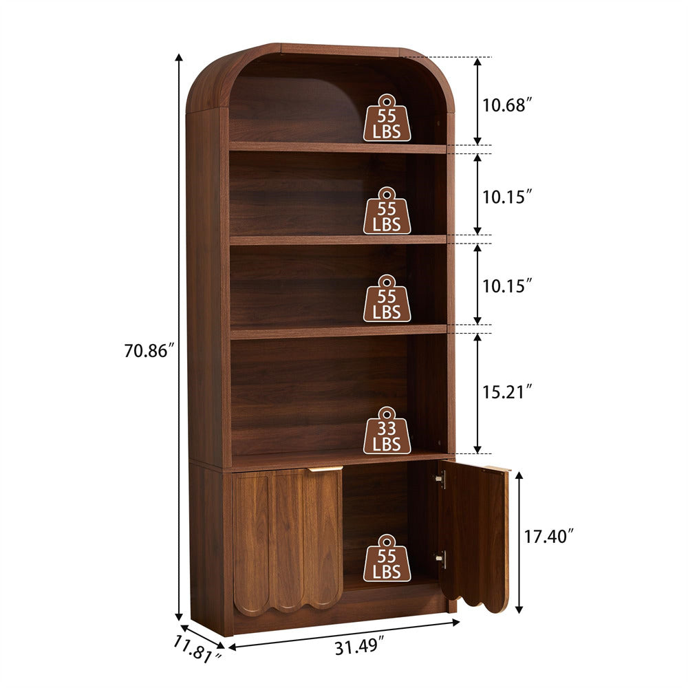Wooden bookshelf with dimensions and weight capacity indicators on a white background