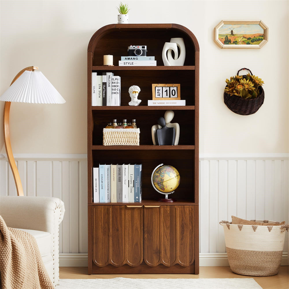 Wooden bookshelf in a room with decor items and a lamp.