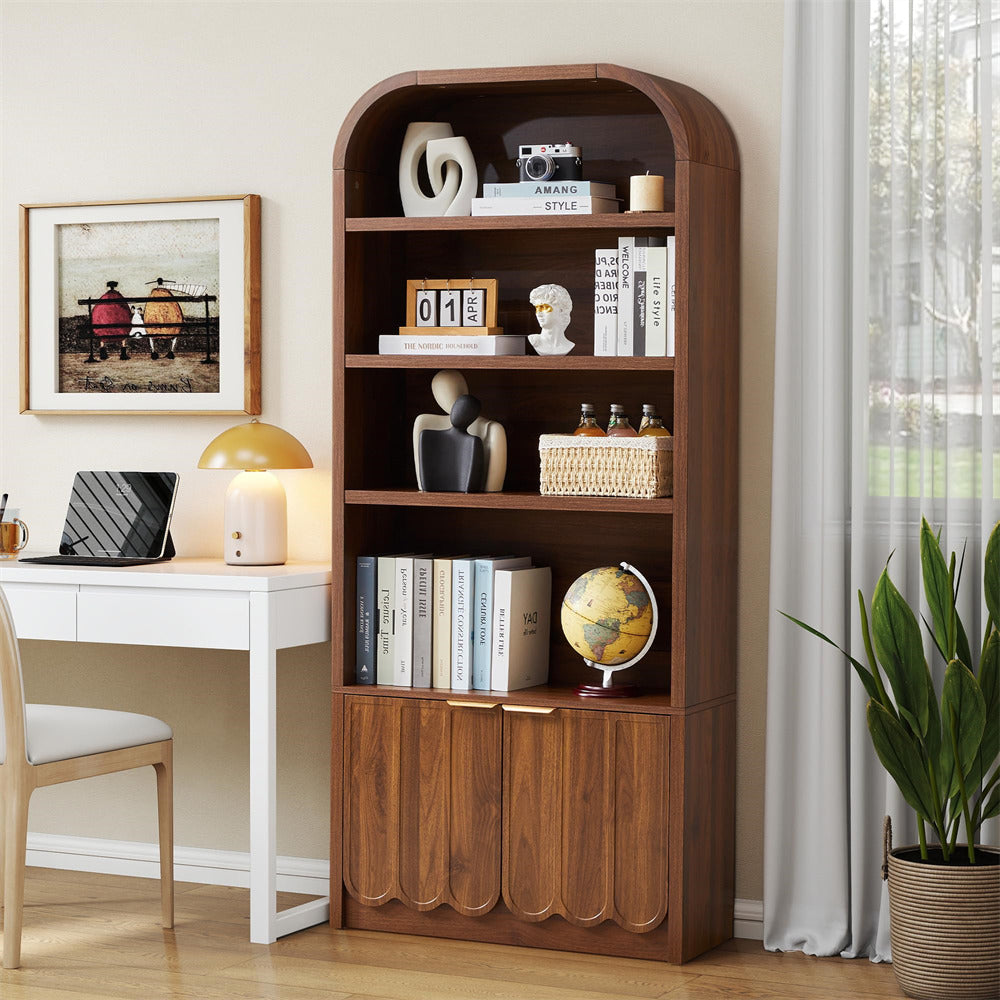 Wooden bookshelf with decorative items in a home office setting