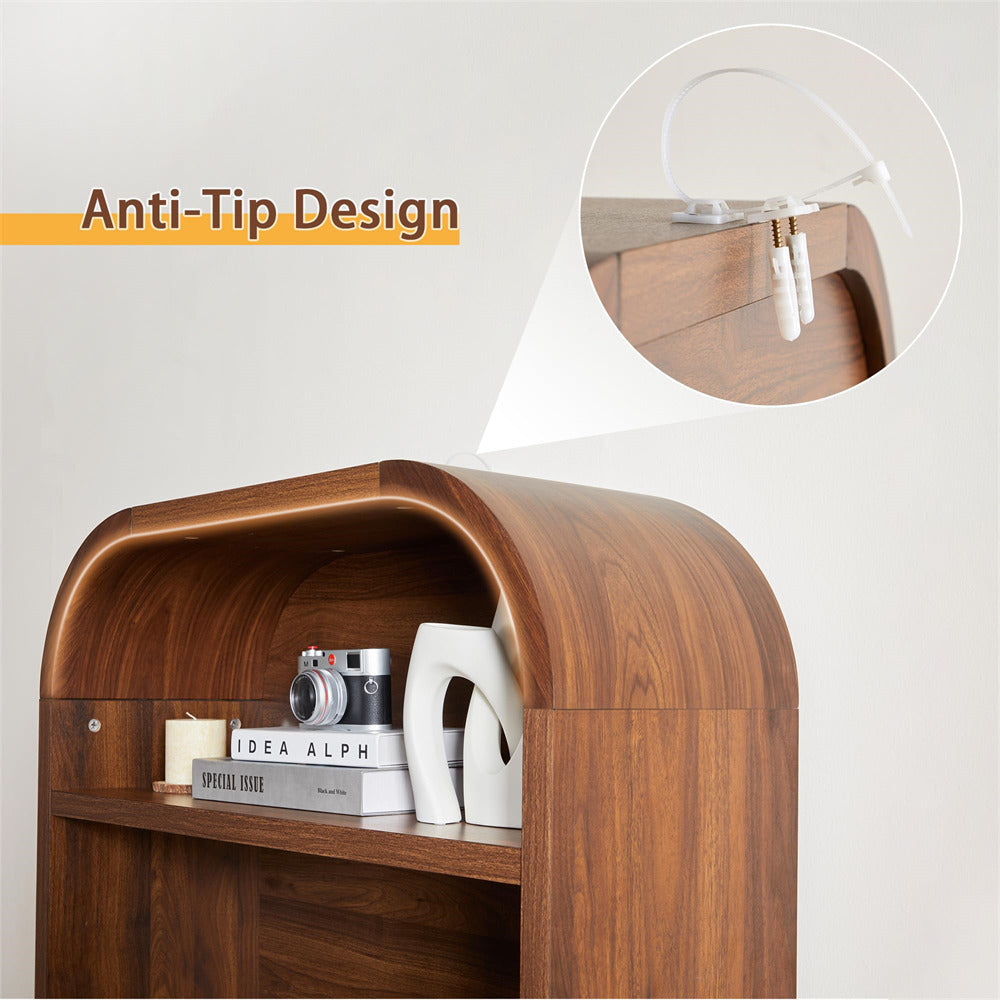 Walnut 70" Tall Modern 4-Tier Arched Bookshelf with Scalloped Doors & Gold Handles