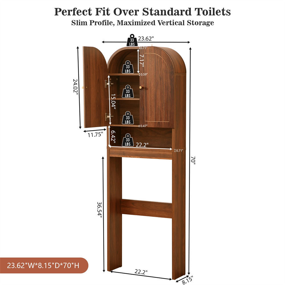 Wooden over-toilet storage cabinet with dimensions on a white background