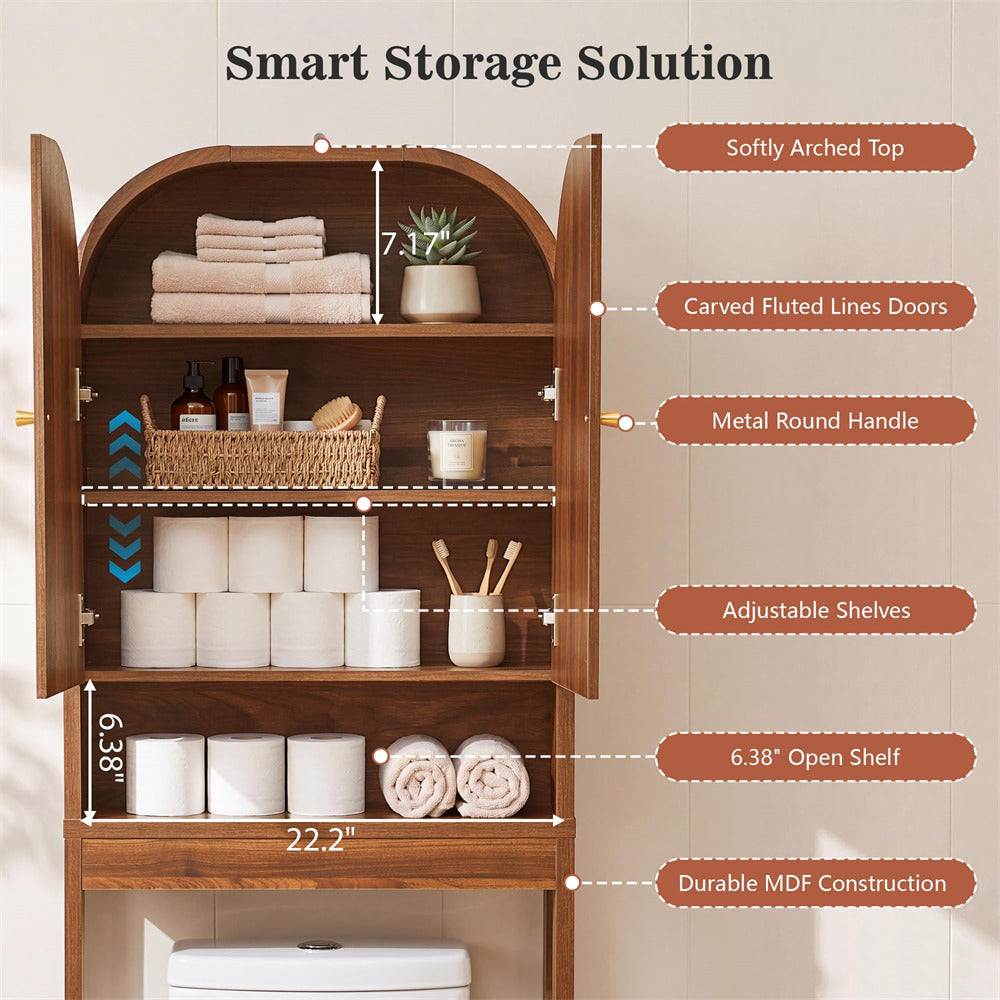 Walnut 70" Tall Over Toilet Storage Cabinet with Fluted Grooved Doors
