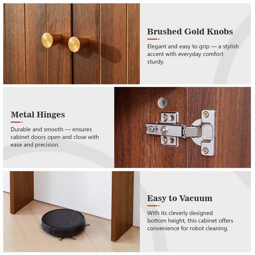 Cabinet with brushed gold knobs and metal hinges, featuring text on features.