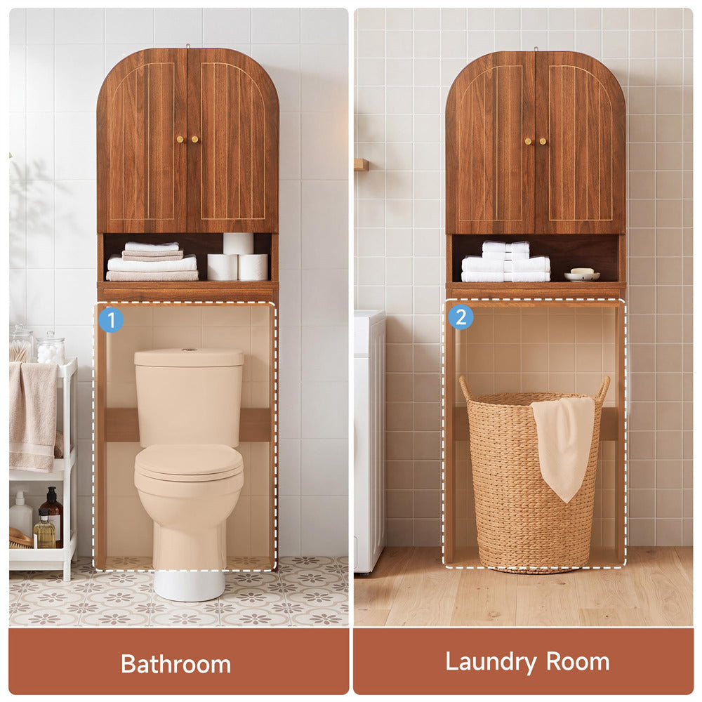 Wooden storage cabinet with shelves in a bathroom and laundry room setting.