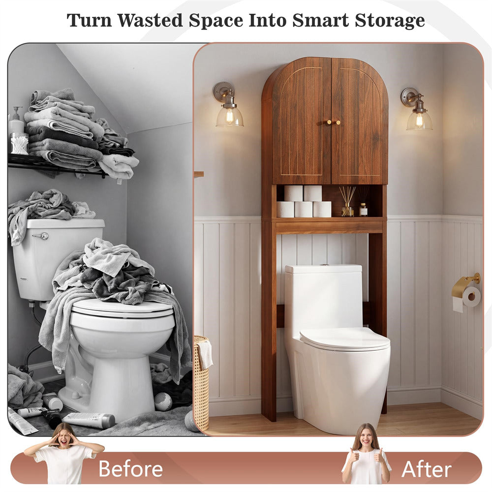 Bathroom transformation from cluttered to organized with a wooden storage unit.