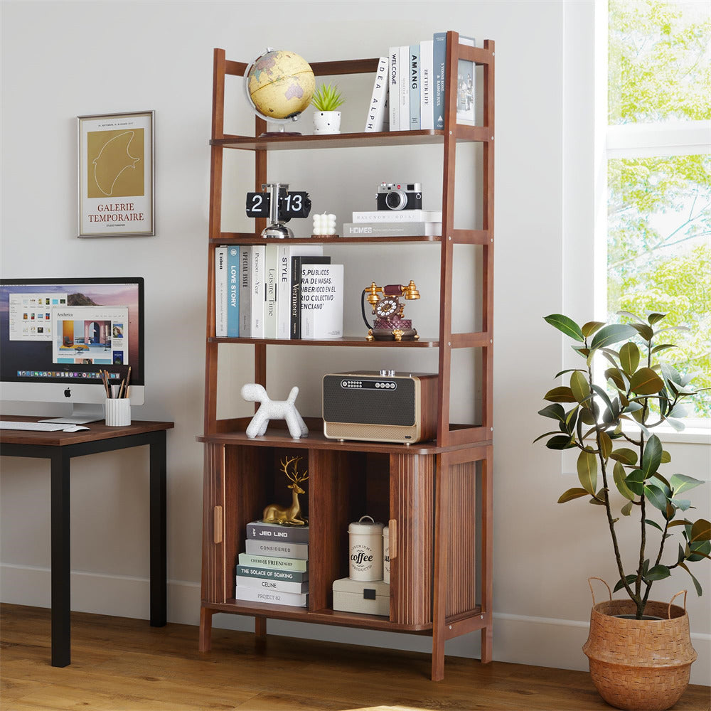 Wooden bookshelf with decorative items in a room with a desk and plant.