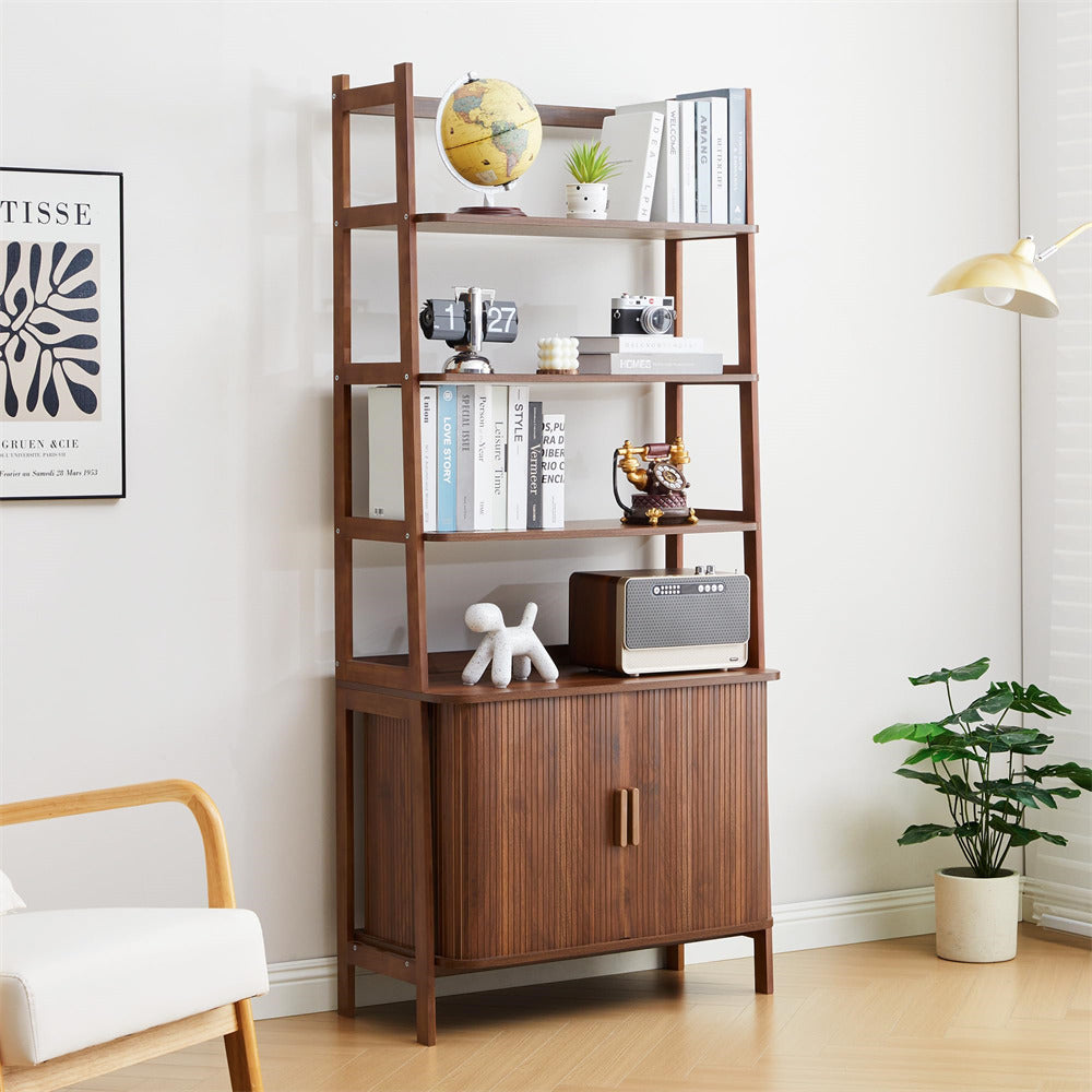 Wooden bookshelf with decorative items in a room with a plant and chair.