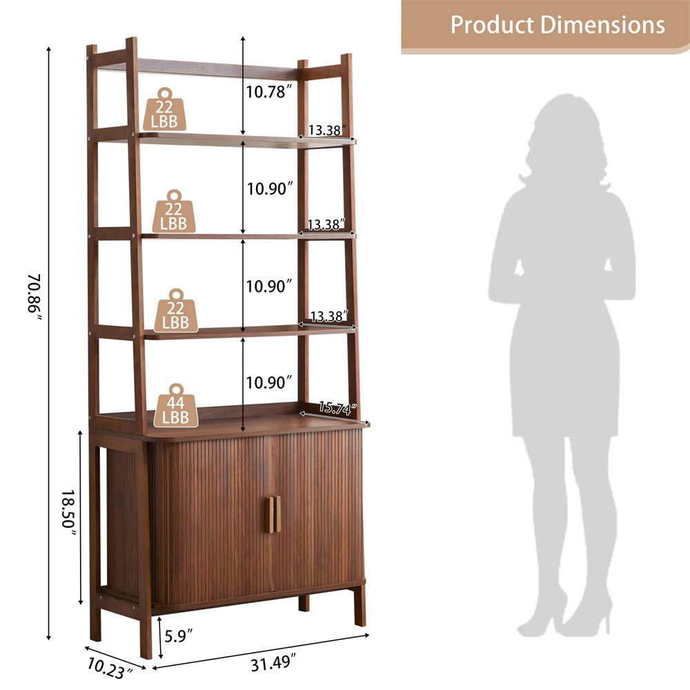 Wooden bookshelf with dimensions and a silhouette of a person for scale.