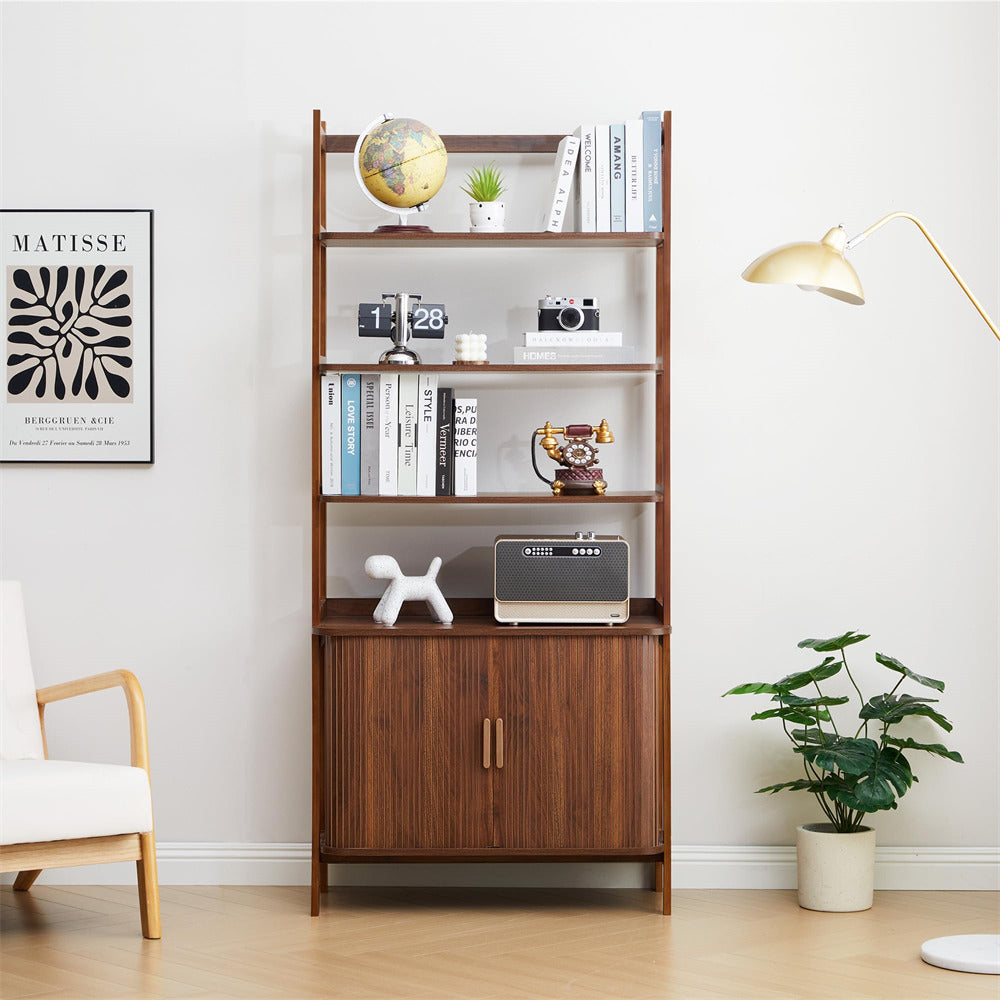 Wooden bookshelf with decorative items in a room setting