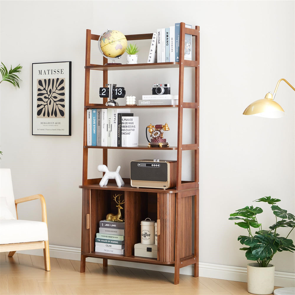 Wooden bookshelf with decorative items in a room setting