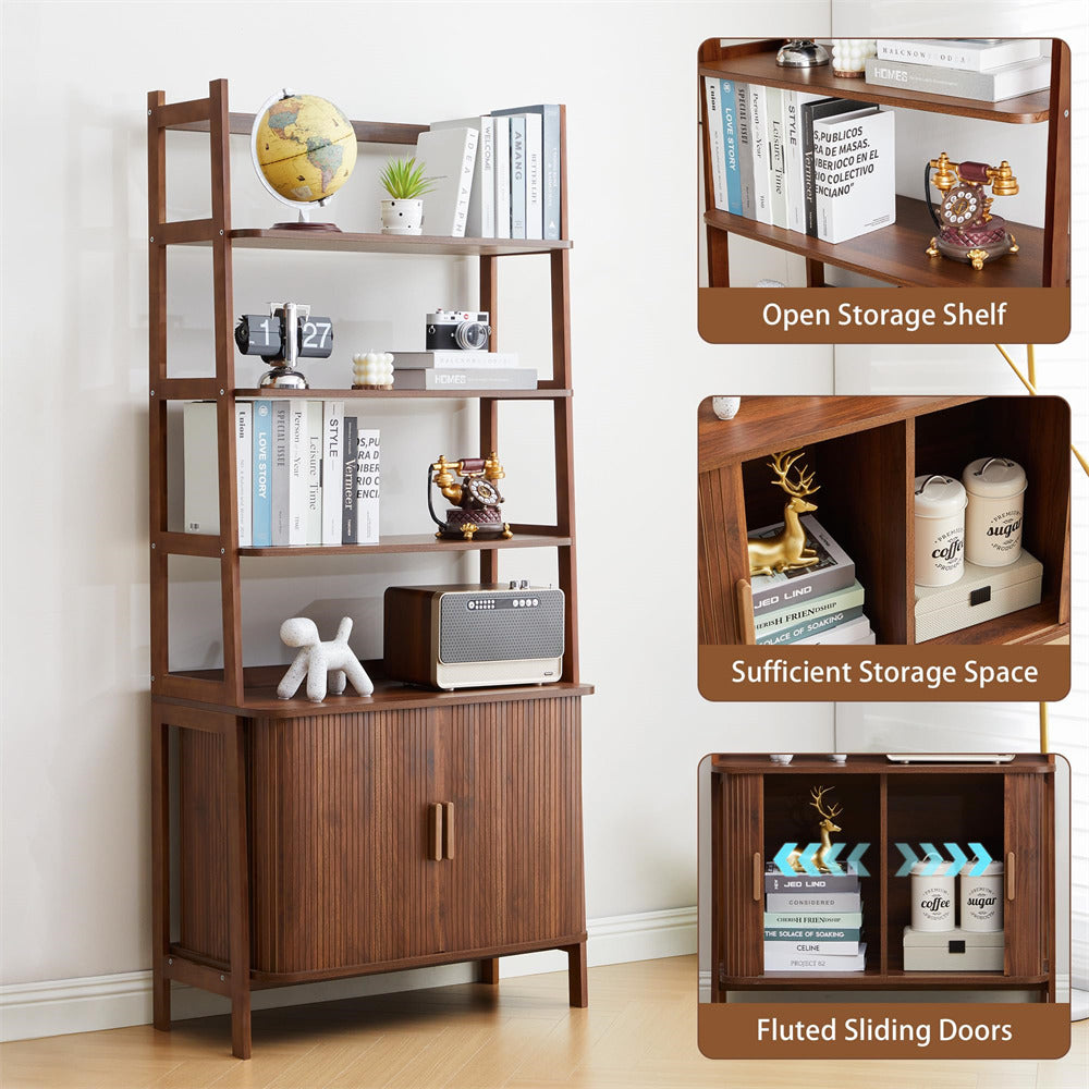 Wooden storage shelf with open shelves and fluted sliding doors, filled with books and decorative items.