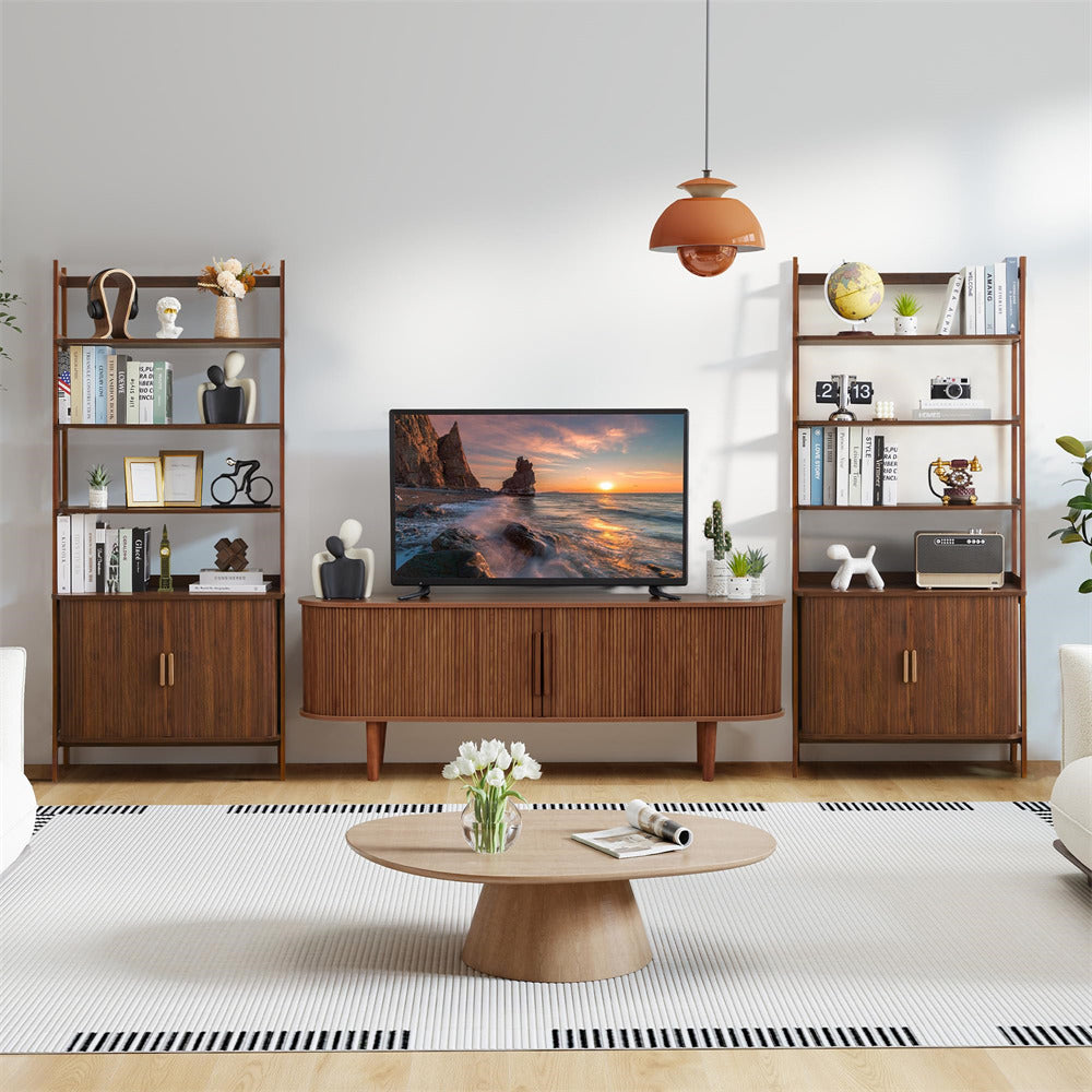 Modern living room with wooden furniture, TV, and decor