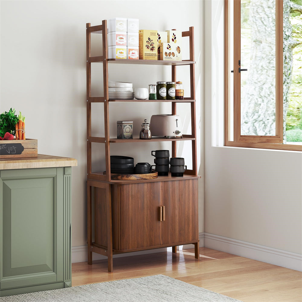 Wooden shelf with various items in a room with a window and green cabinet.