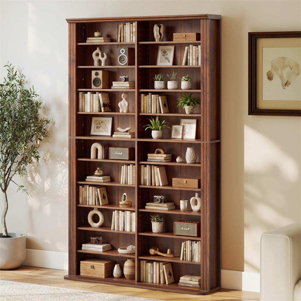 Walnut 71" Media Storage Tower 22-Compartment Multimedia Cabinet with Adjustable Shelves and Anti-Tip Kit
