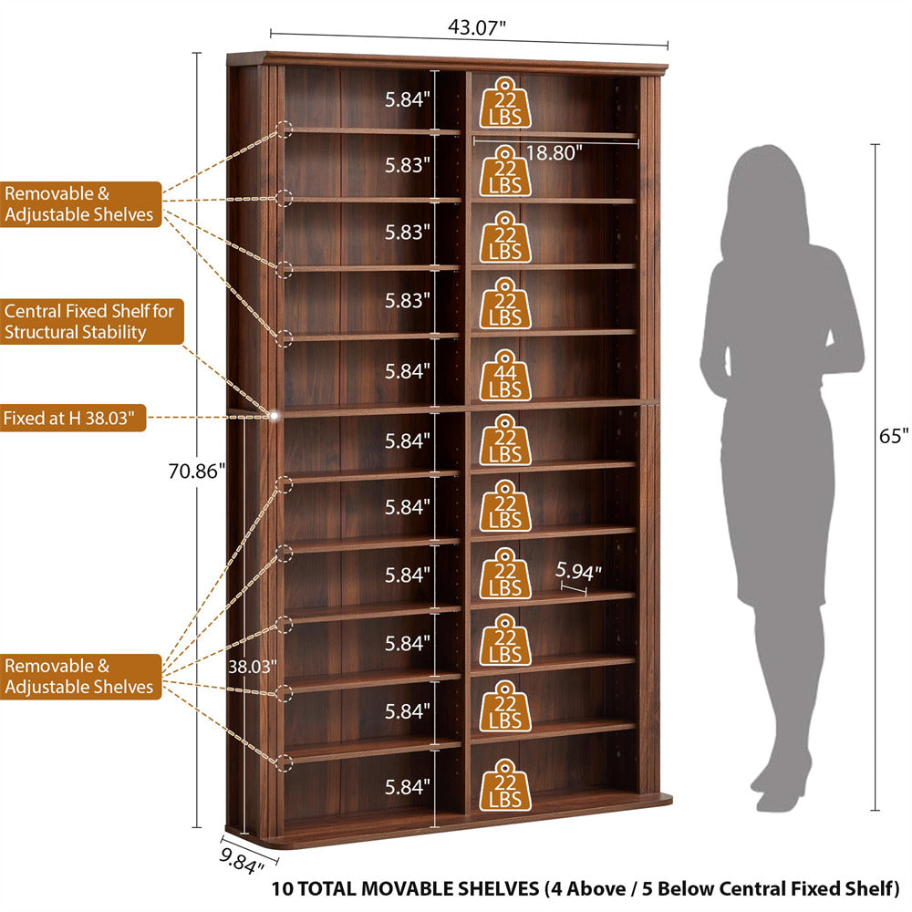 Wooden bookshelf with measurements and weight capacity details, shown with a person for scale.