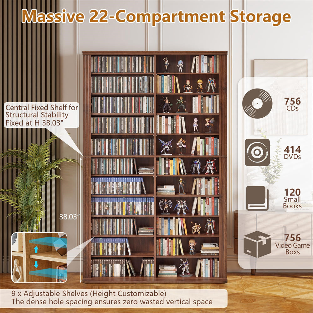 Wooden bookshelf with 22 compartments filled with books, CDs, DVDs, and video game boxes, with text highlighting storage capacity.