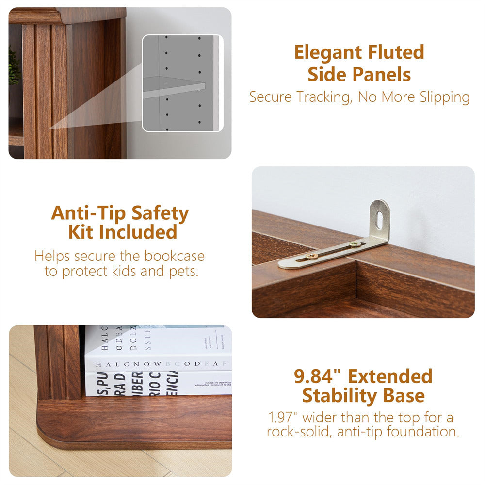 Wooden bookcase with fluted side panels, anti-tip safety kit, and extended stability base features.