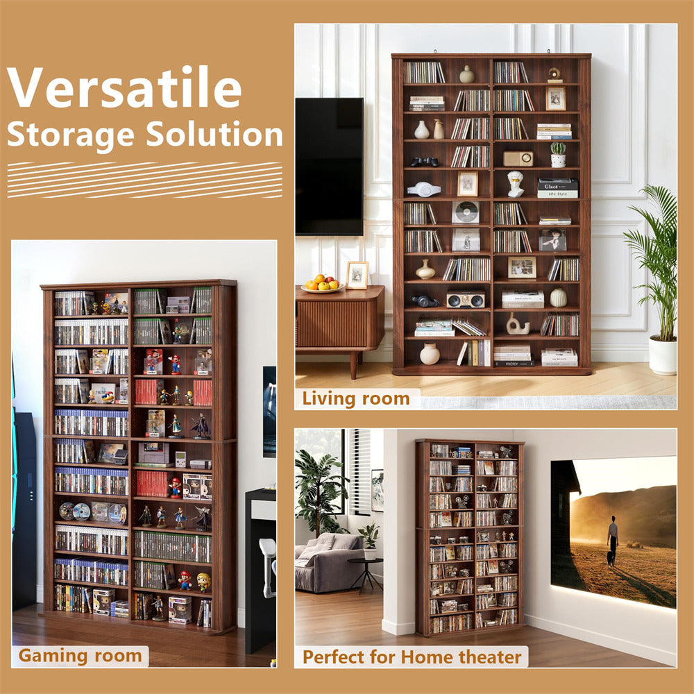 Collage of a wooden bookshelf in various rooms with text 'Versatile Storage Solution'.