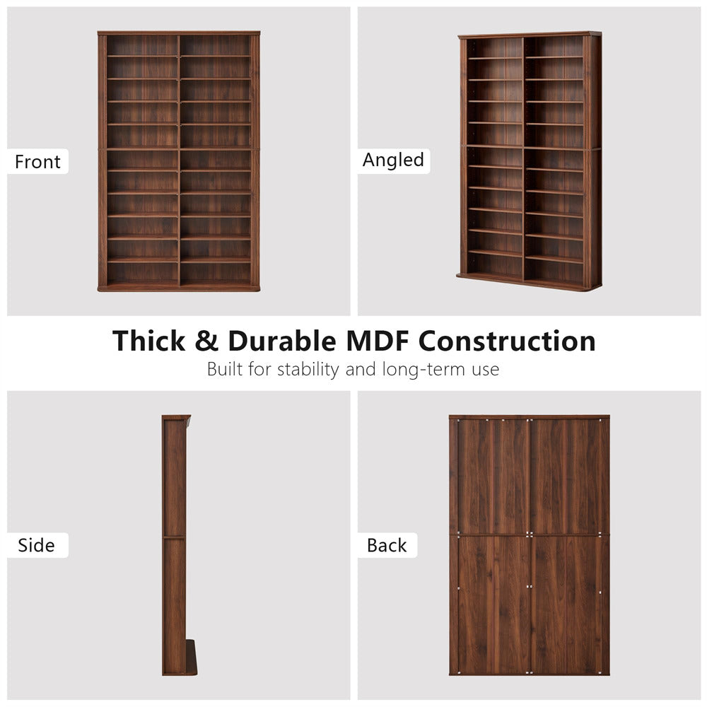 Wooden bookshelf shown from front, angled, side, and back views with text about thick and durable MDF construction.