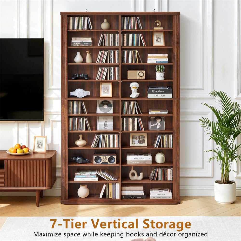 Wooden 7-tier vertical storage unit with books and decor in a room setting.