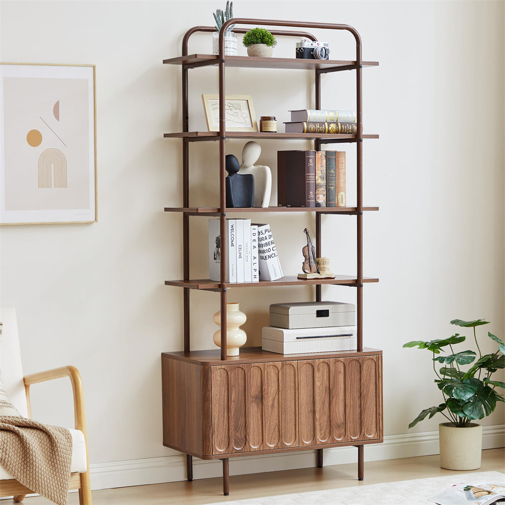 Walnut 71" Modern Metal 6-Tier Bookshelf Freestanding Storage Organizer with Open Shelves & Adjustable Footpad