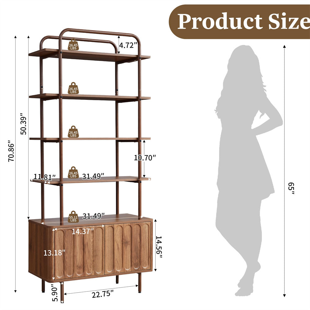 Walnut 71" Modern Metal 6-Tier Bookshelf Freestanding Storage Organizer with Open Shelves & Adjustable Footpad