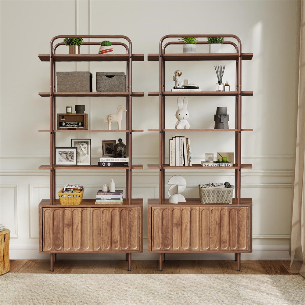 Walnut 71" Modern Metal 6-Tier Bookshelf Freestanding Storage Organizer with Open Shelves & Adjustable Footpad