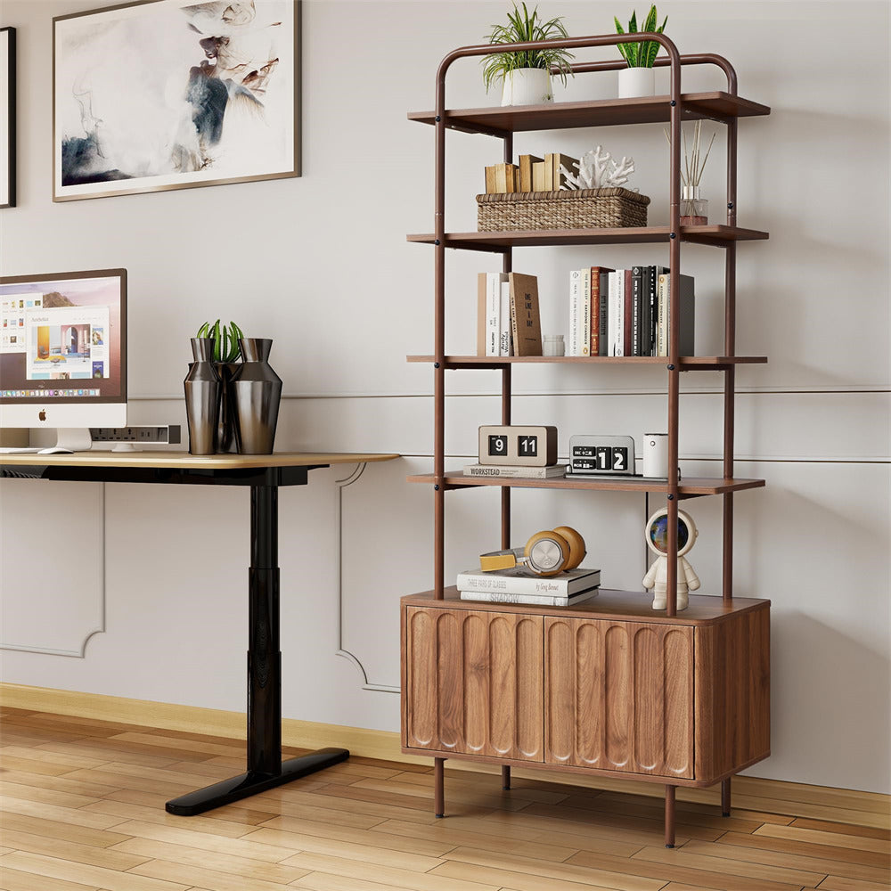 Walnut 71" Modern Metal 6-Tier Bookshelf Freestanding Storage Organizer with Open Shelves & Adjustable Footpad