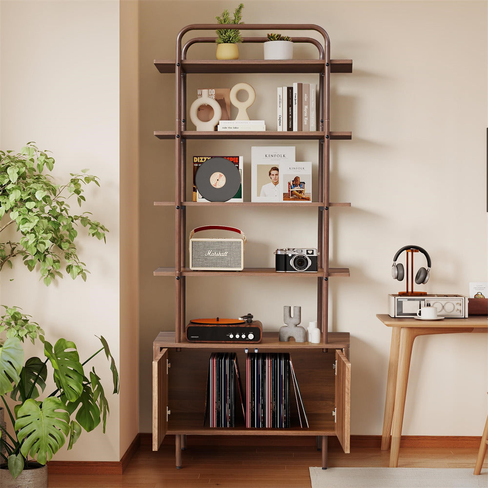 Walnut 71" Modern Metal 6-Tier Bookshelf Freestanding Storage Organizer with Open Shelves & Adjustable Footpad