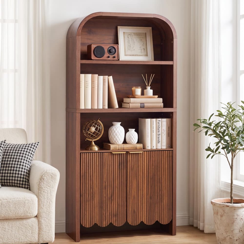 Walnut 71" Tall Arched 5 Tier Fluted Freestanding Bookshelf with Scalloped Doors