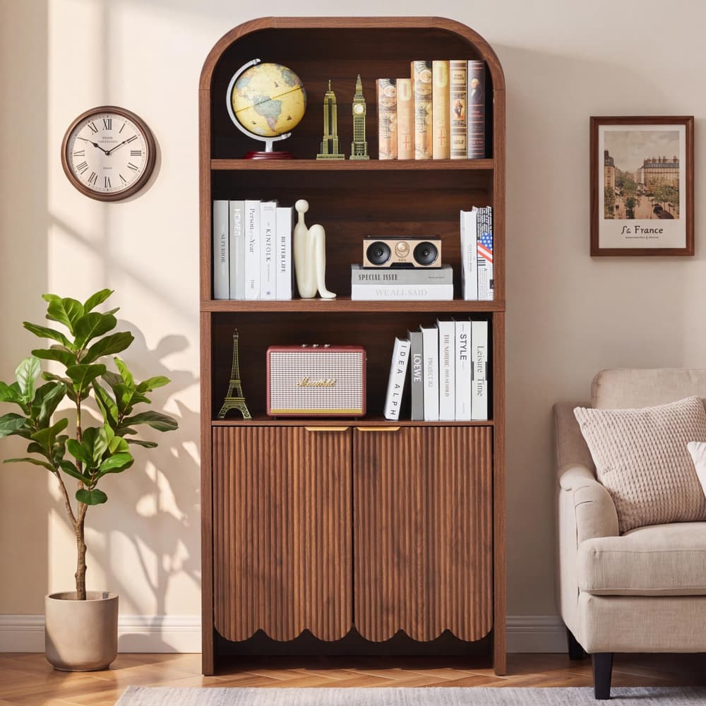 Walnut 71" Tall Arched 5 Tier Fluted Freestanding Bookshelf with Scalloped Doors