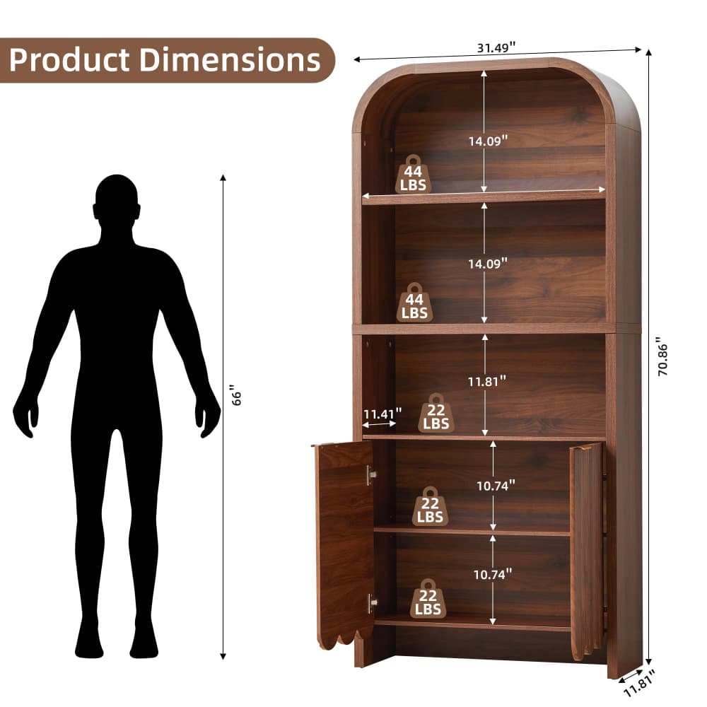 Walnut 71" Tall Arched 5 Tier Fluted Freestanding Bookshelf with Scalloped Doors Size