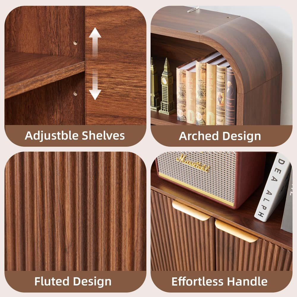 Walnut 71" Tall Arched 5 Tier Fluted Freestanding Bookshelf with Scalloped Doors