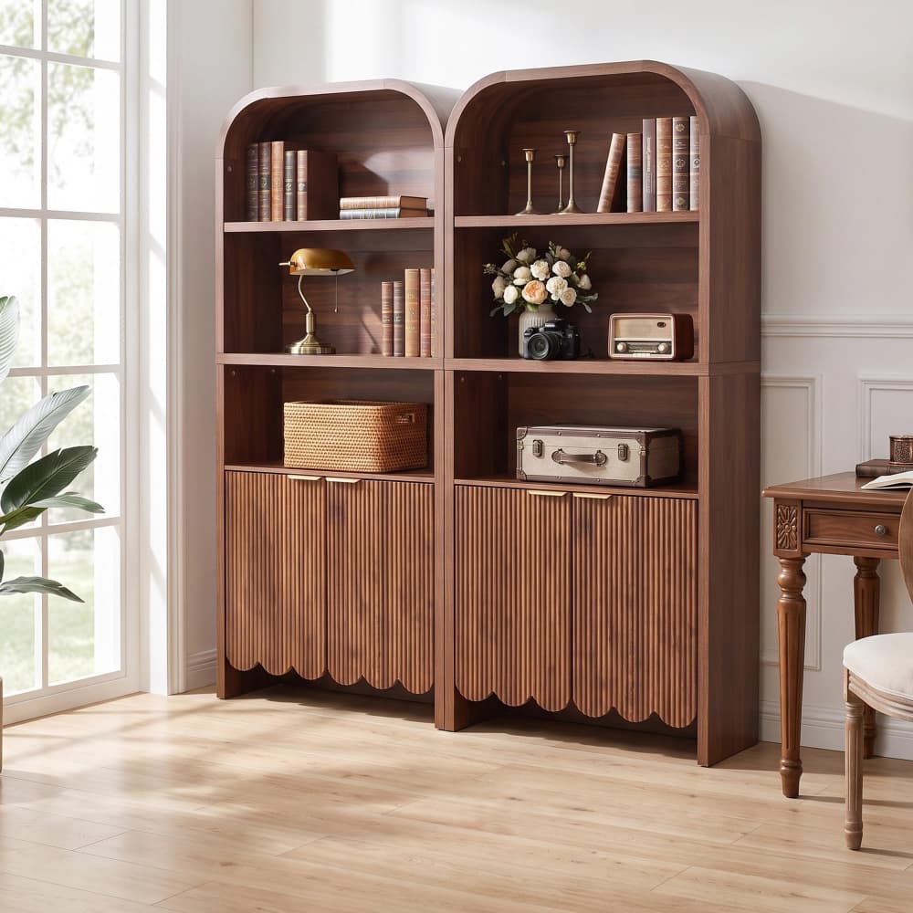Walnut 71" Tall Arched 5 Tier Fluted Freestanding Bookshelf with Scalloped Doors