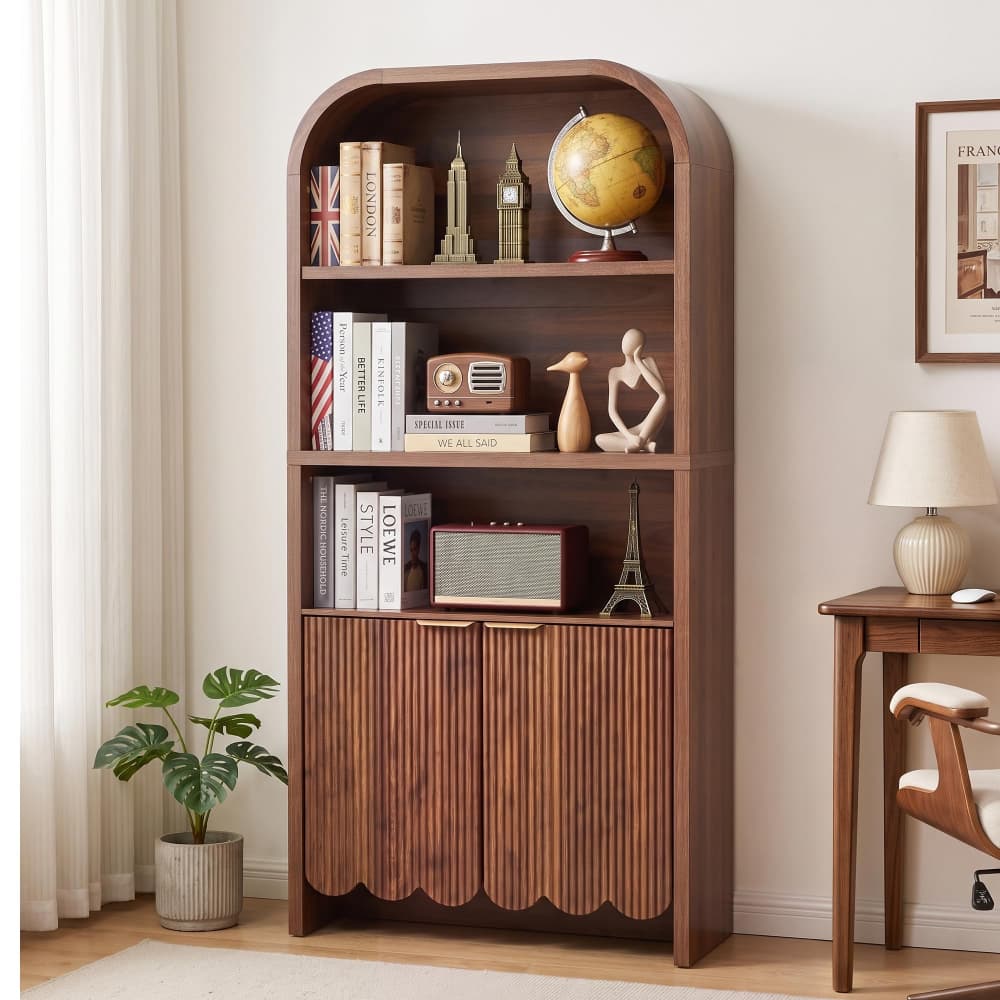 Walnut 71" Tall Arched 5 Tier Fluted Freestanding Bookshelf with Scalloped Doors