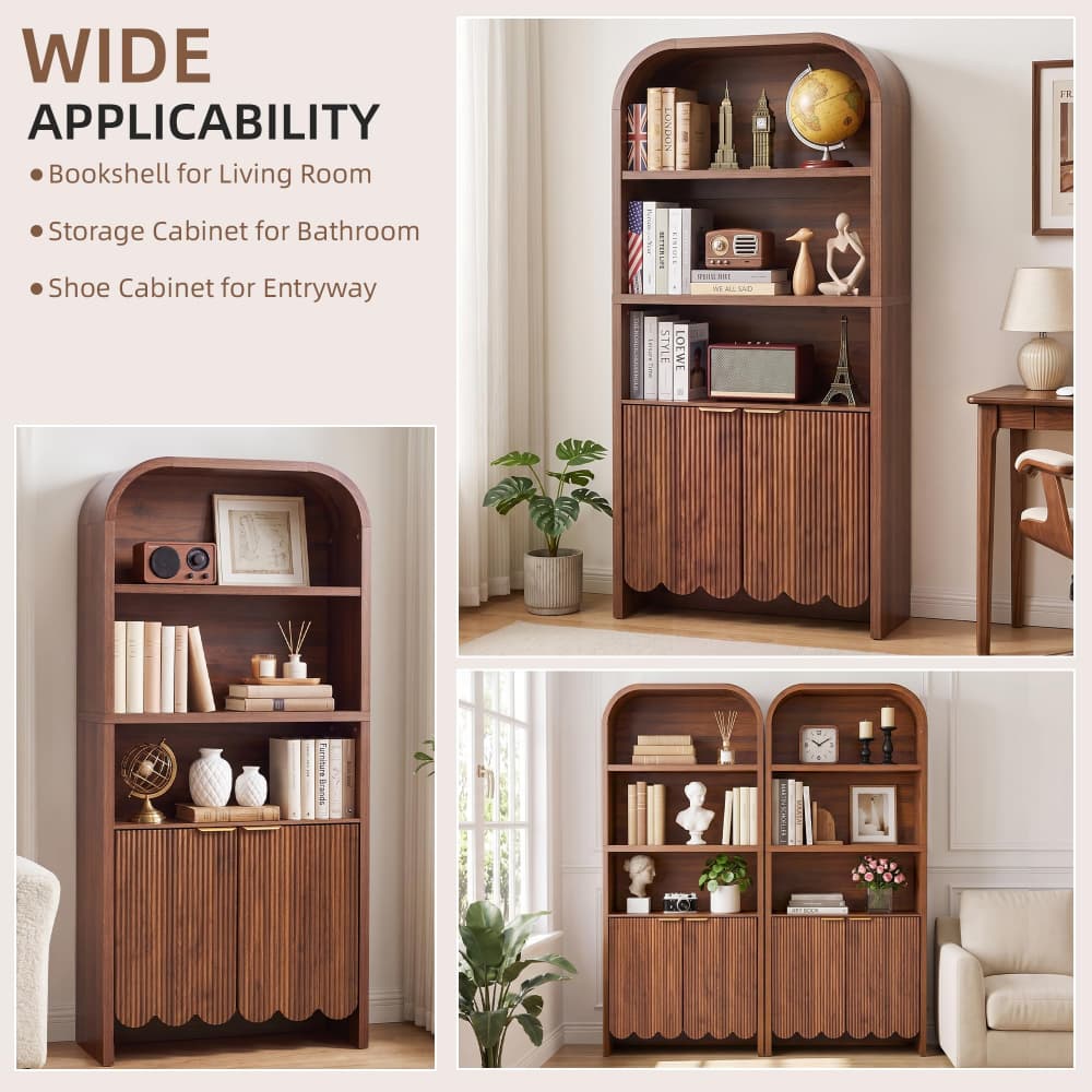 Walnut 71" Tall Arched 5 Tier Fluted Freestanding Bookshelf with Scalloped Doors