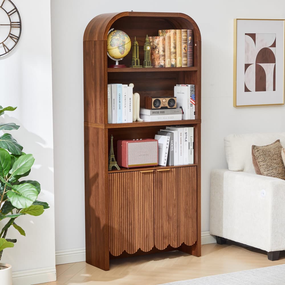 Walnut 71" Tall Arched 5 Tier Fluted Freestanding Bookshelf with Scalloped Doors