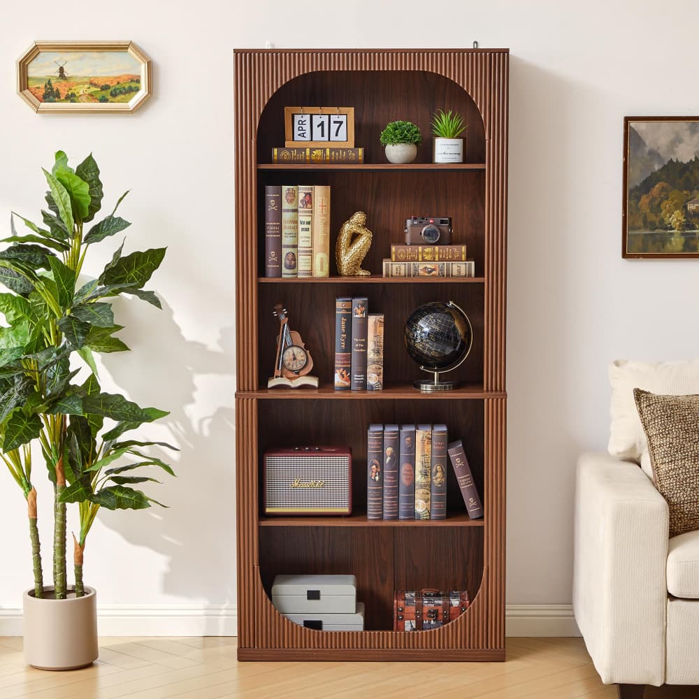 Walnut 71" Tall Mid Century Modern 5 Tier Fluted Arched Wooden Bookcase