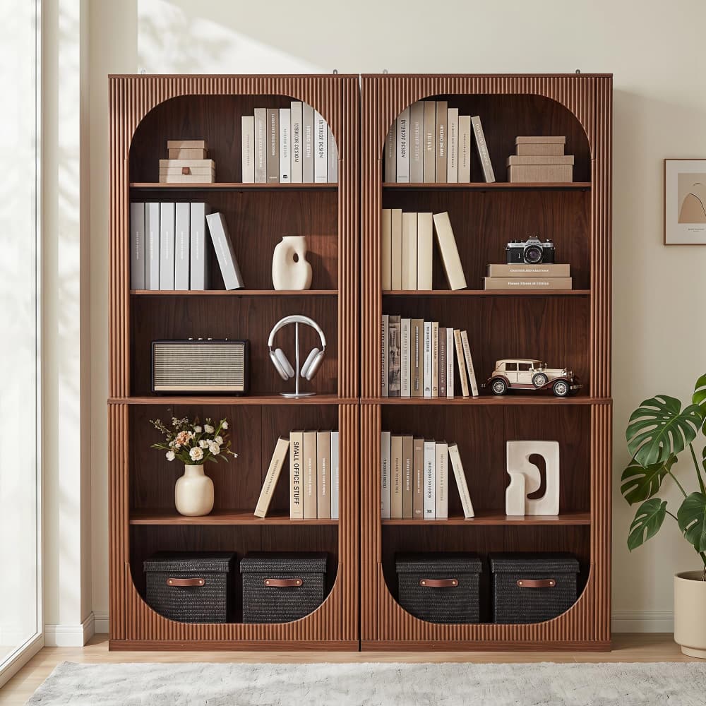 Walnut 71" Tall Mid Century Modern 5 Tier Fluted Arched Wooden Bookcase