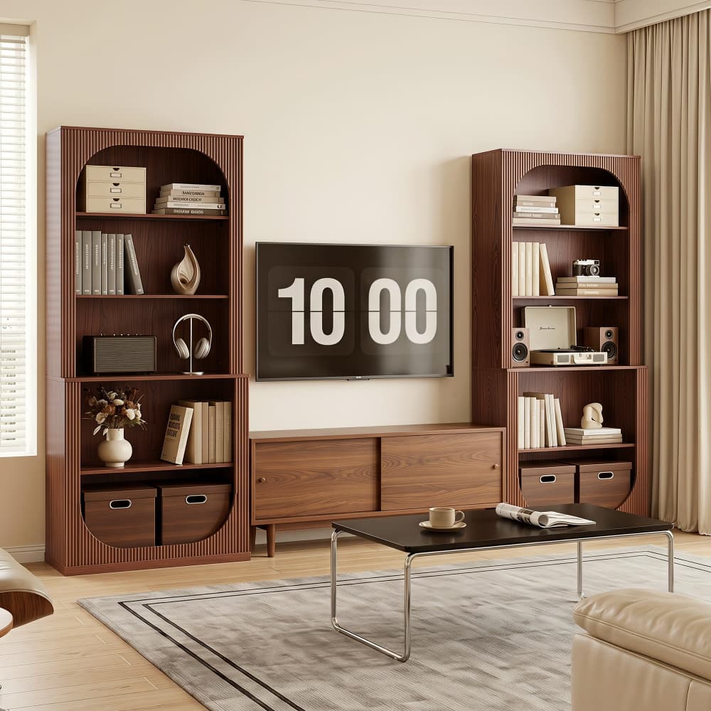 Walnut 71" Tall Mid Century Modern 5 Tier Fluted Arched Wooden Bookcase