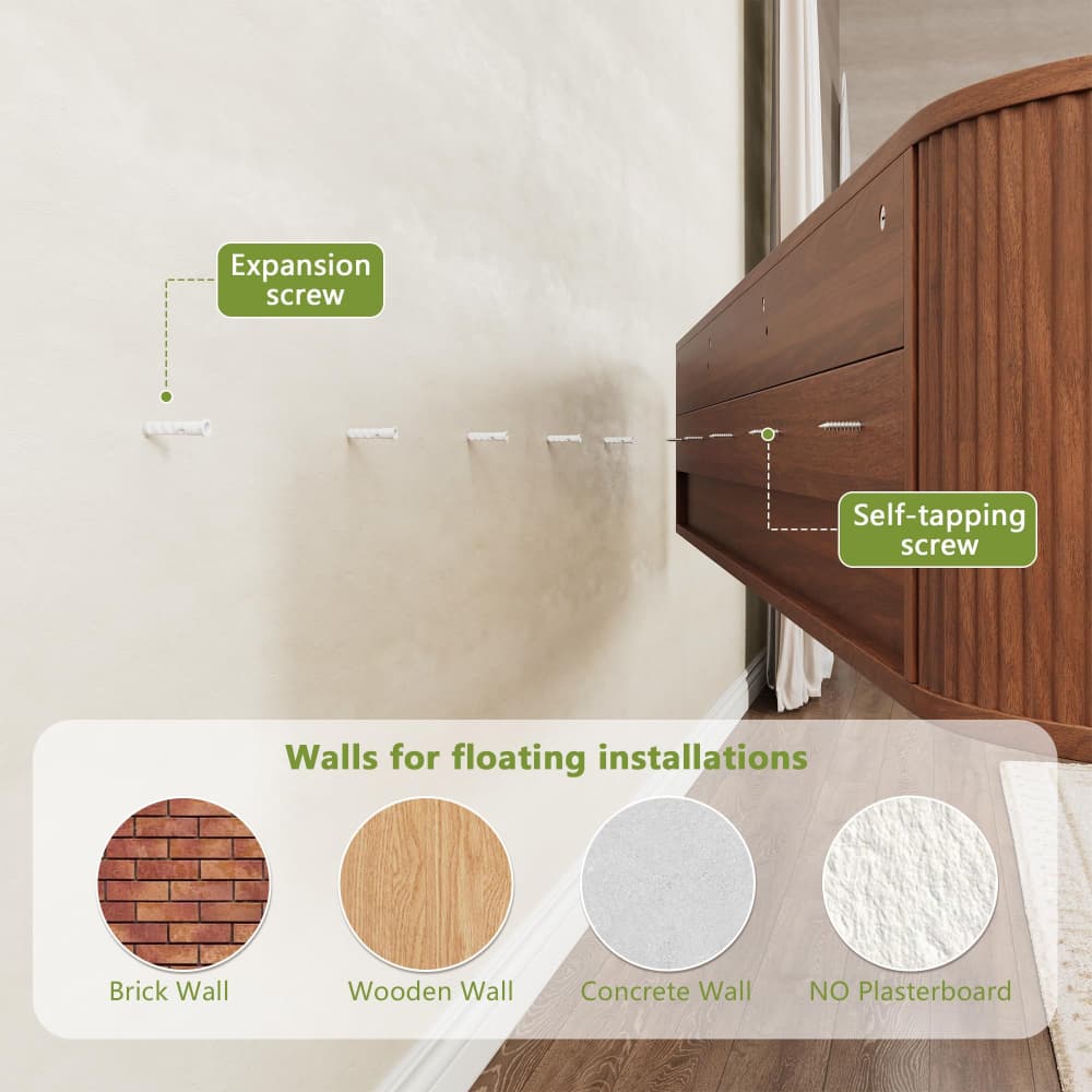 Instructional graphic showing a floating cabinet mounted on a wall with labeled fasteners: expansion screw and self-tapping screw. The image includes a wood cabinet, a beige wall, and a bottom panel with wall types for floating installations: brick wall, wooden wall, concrete wall, and no plasterboard.